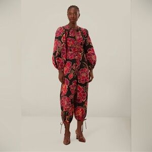 Farm Rio Black Shiny Chita Long Sleeve V Neckline Jumpsuit